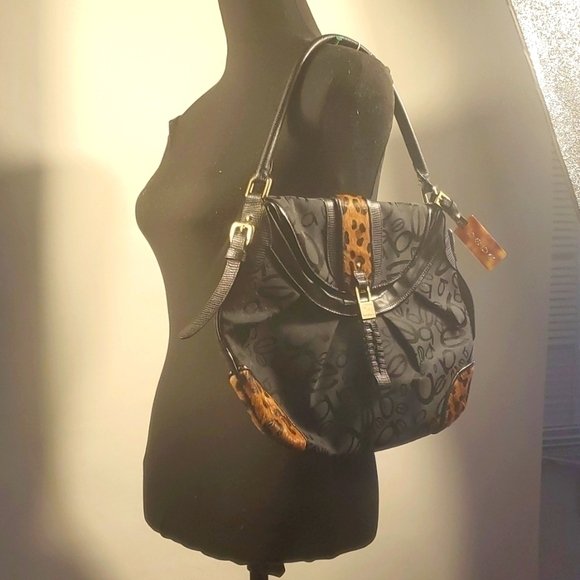 Bebe Black Animal Print Details  Faux Fur Studded Shoulder Bag Hand Bag - Picture 8 of 13